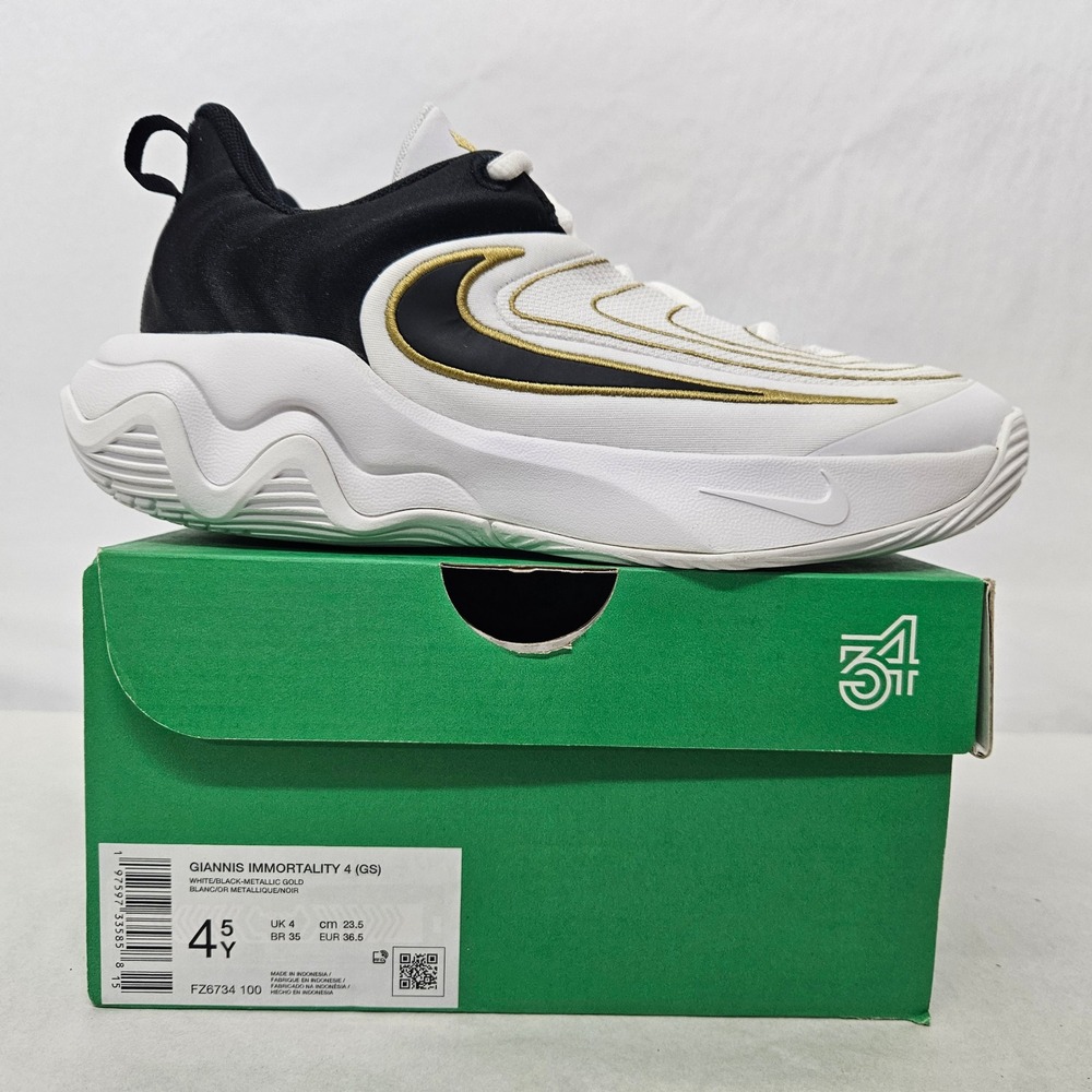 Nike Giannis Immortality 4 GS Shoes FZ6734-100 White Black Gold Kids Size 4.5Y - Picture 3 of 11